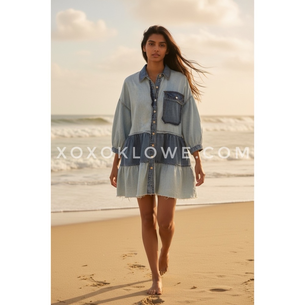 POL Denim Button Front Collared Dress | Tiered Ruffle Long Sleeve - Picture 3 of 10